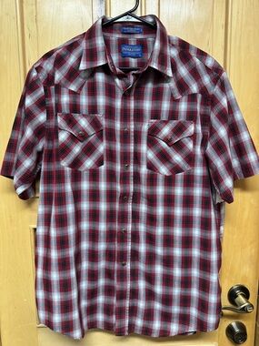 Pendleton Frontier Shirt Red and Gray Plaid Short-Sleeve Pearl Snap Button